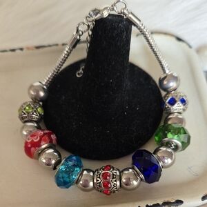B-038-Artisan Glass with Blue, Green and Red Beads, Silver Tone Charm Bracelet